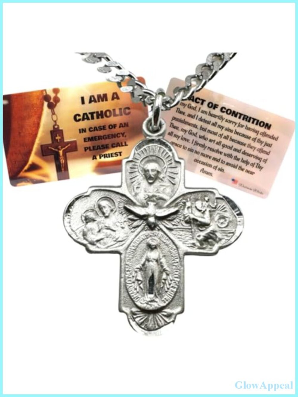 Catholic Four Way Pewter Medal Necklace Stainless Steel Chain Holy Card Set